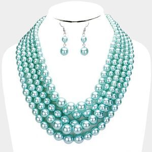 5 Strand Aqua Pearl (faux) Necklace & Earring Set